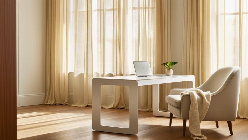 master bedroom study table design in a bright, minimalist space with natural light.