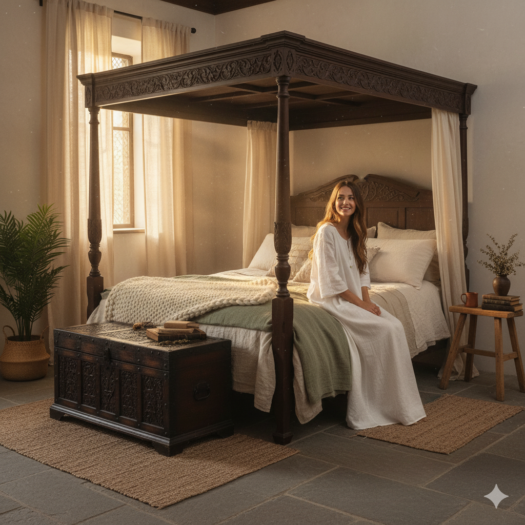 ride in linen nightgown on medieval-inspired bed with sage throw and warm morning sunlight.