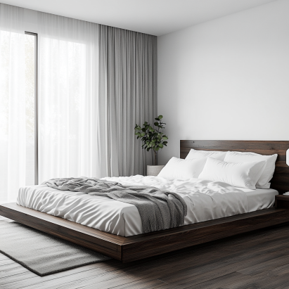 Modern beds with a platform design in a minimalist bedroom.