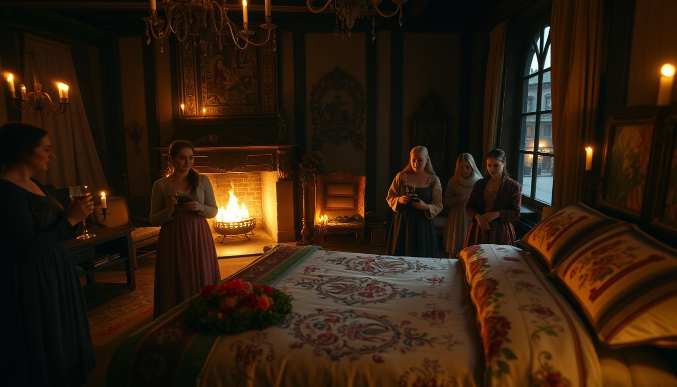 Medieval nobles witness nuptial bedding ceremonies in candlelit chamber with a canopy bed and rich decor.