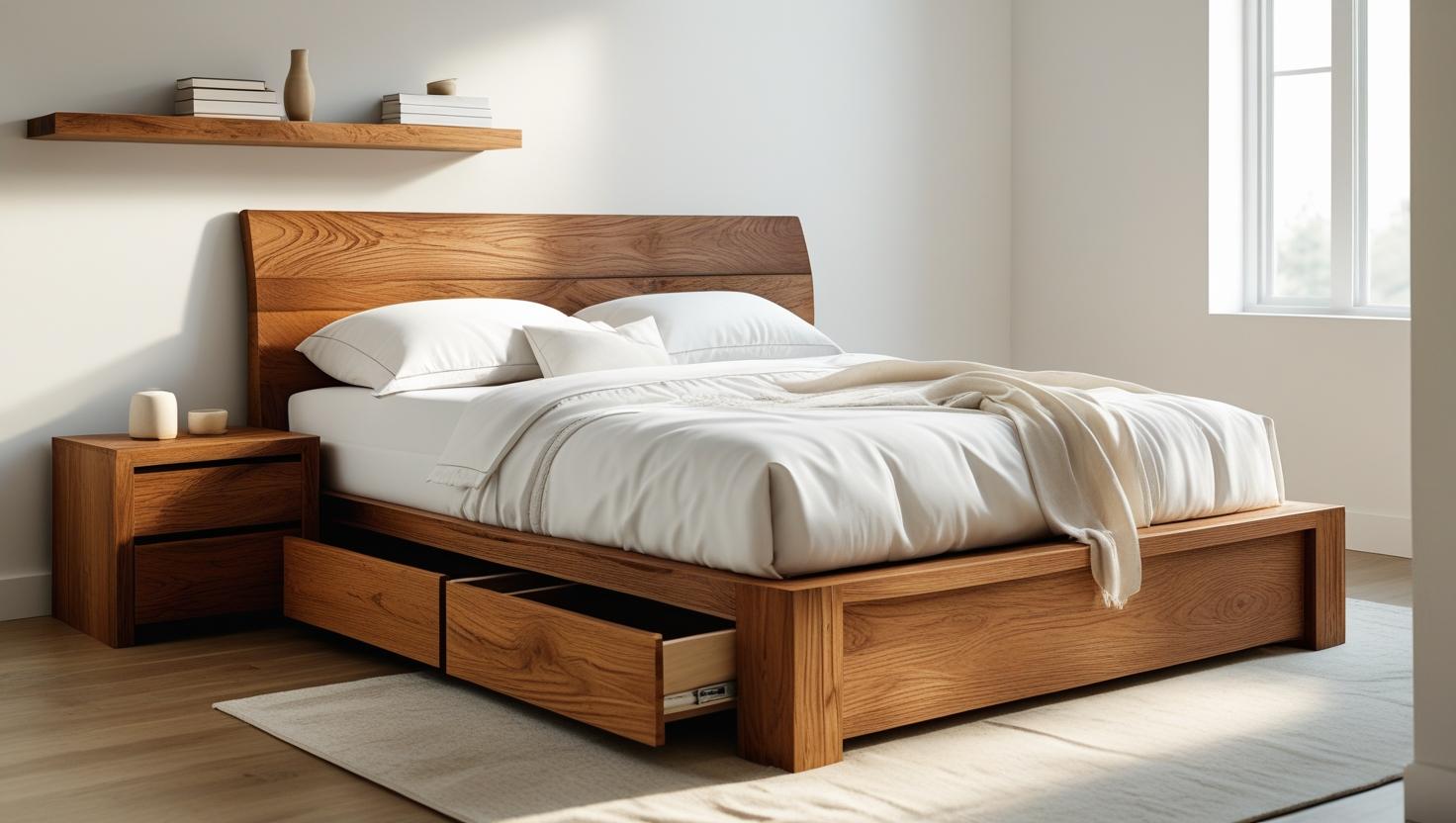 Durable queen size bed frame with solid wood slats