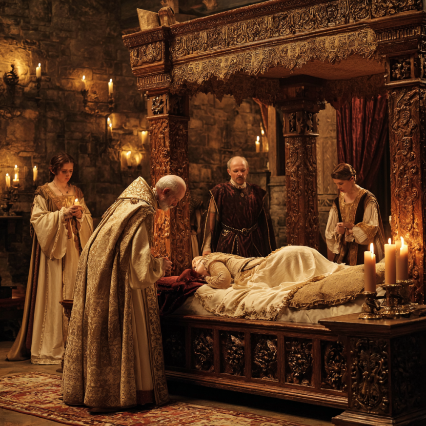 Noble family bedchamber prepared for bedding ceremonies in Renaissance Europe