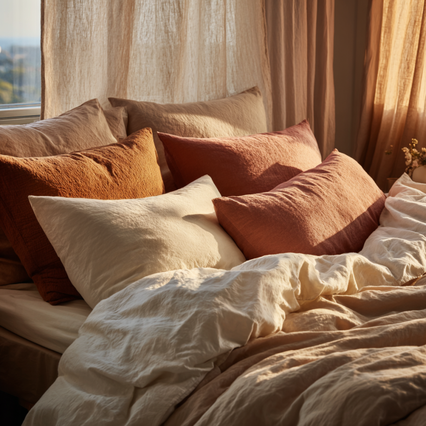Natural bedding materials arranged on a bed: cotton, linen, and bamboo textiles