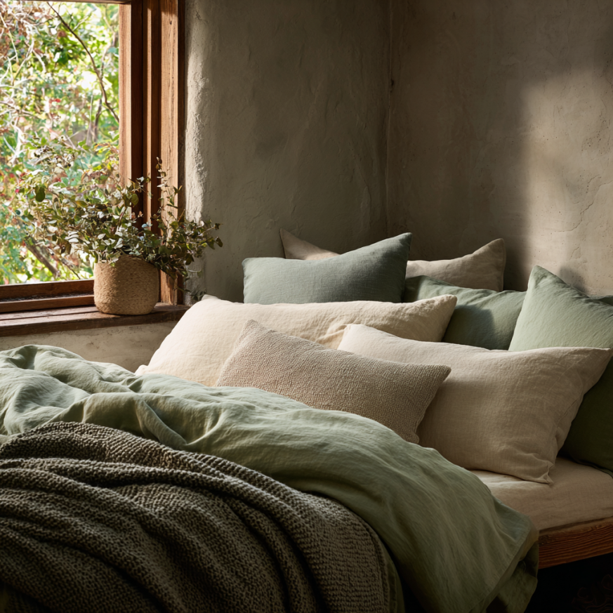 Calm bedroom scene with cozy bedding, warm lighting, and soft textures promoting relaxation