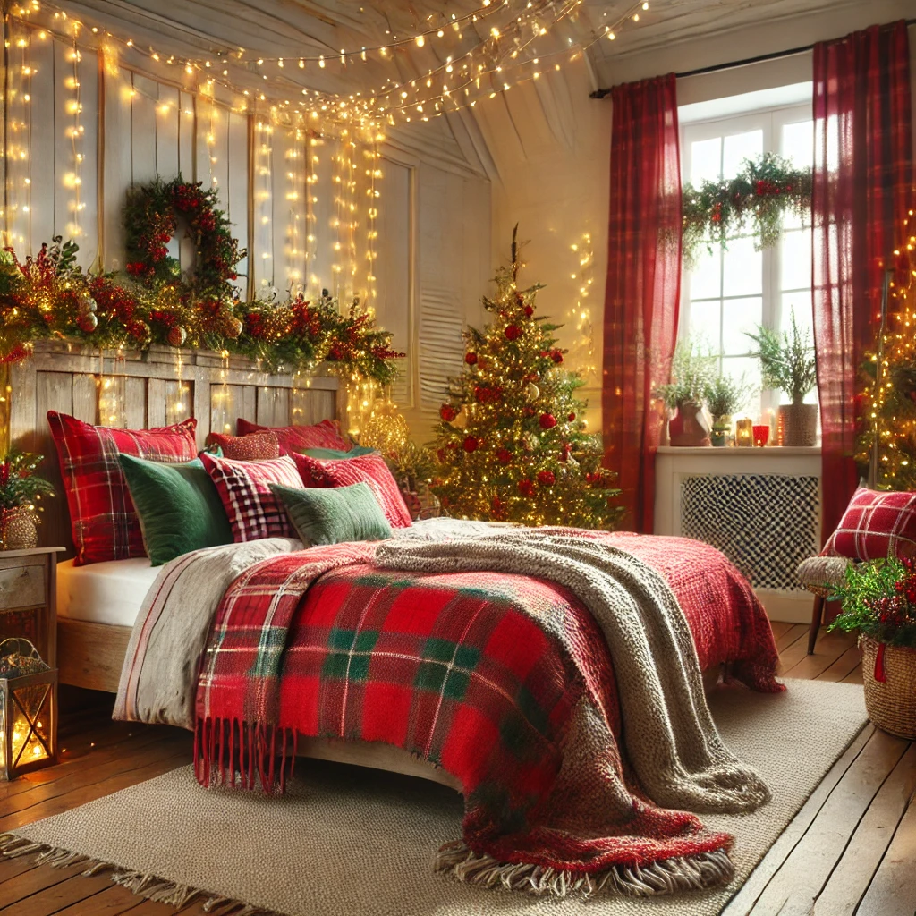 bold holiday-themed bedroom decor with plaid bedding and festive pillow