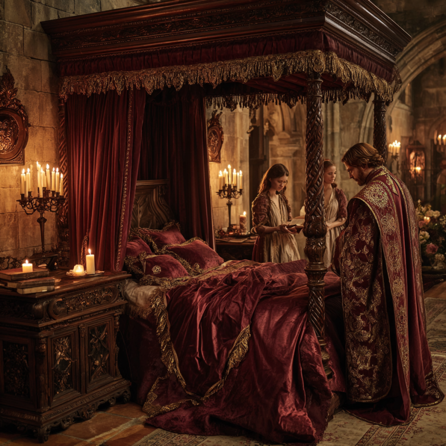 Noble family bedchamber prepared for bedding ceremonies in Renaissance Europe