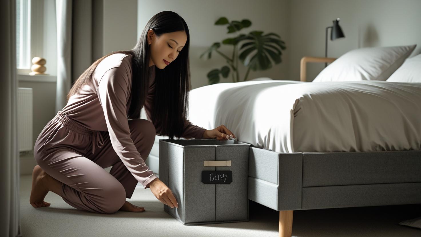clear under-bed storage containers neatly arranged with items