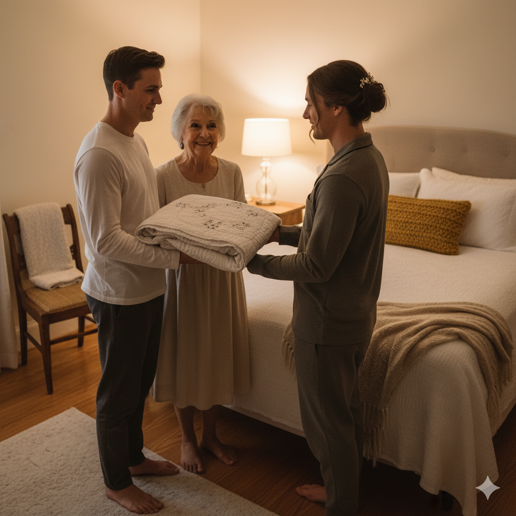This intimate scene shows a couple retreating to a quiet suite as modern traditions echo the history of wedding bedding ceremonies.