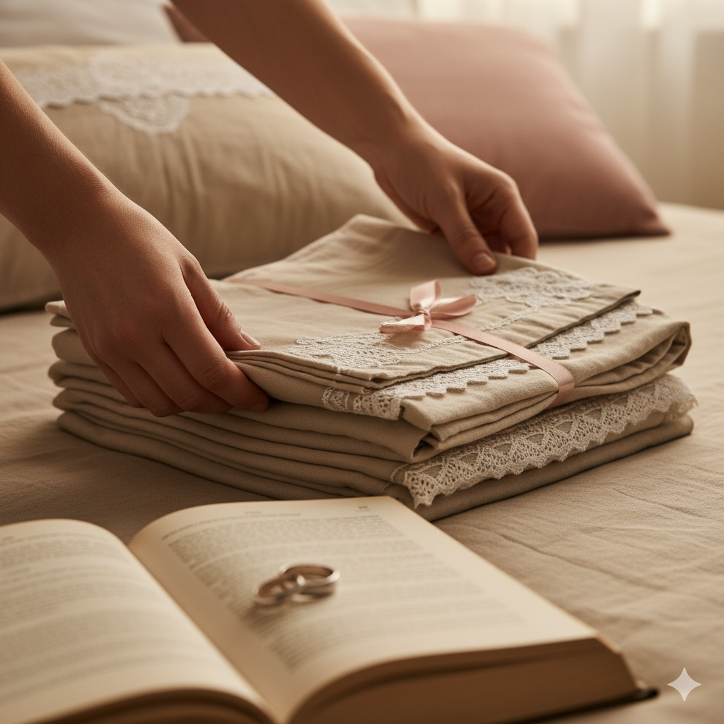 This decorative bedroom scene shows symbolic florals and a blessed bed, illustrating how wedding bedding ceremonies merged sacred meaning with privacy.