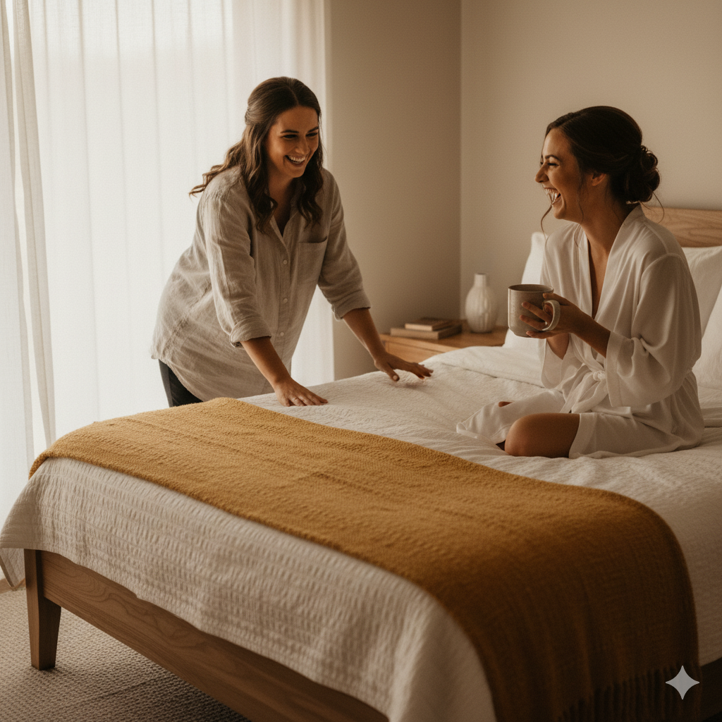 A calm, faith-inspired space illustrates how the disappearance of bedding ceremonies shifted focus to personal vows and meaning.