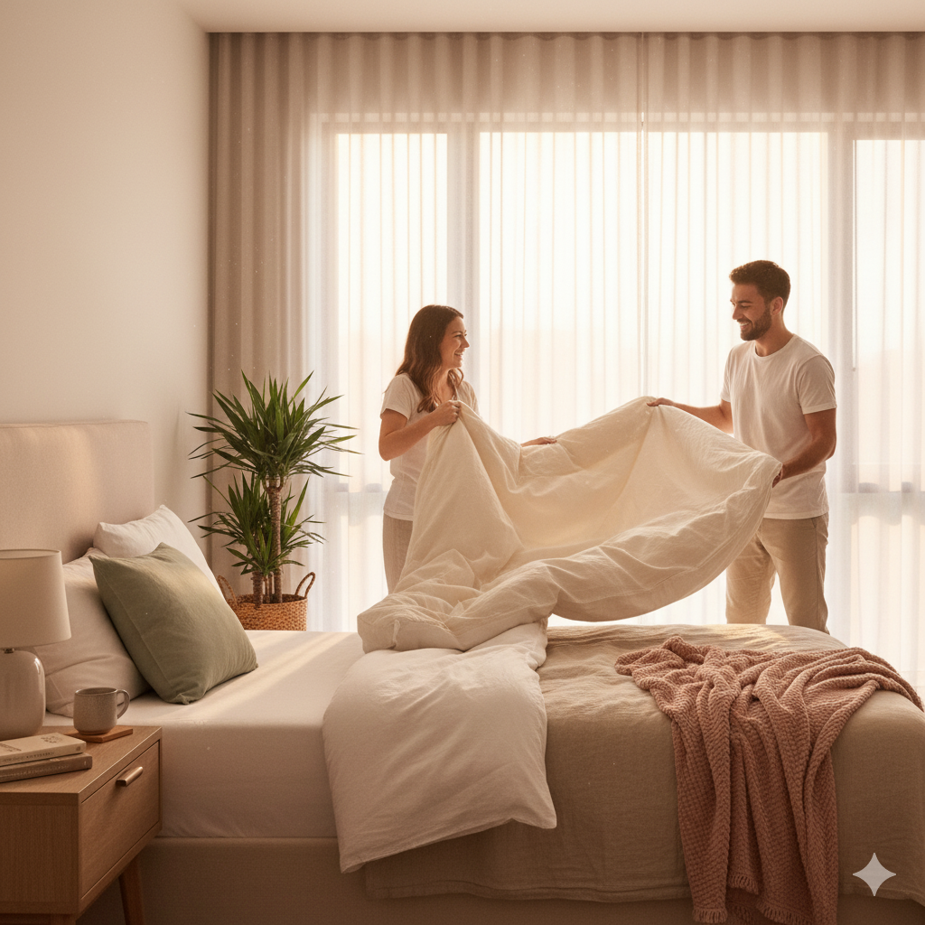 Couple preparing a cozy layered bed with blush accents, evoking timeless bedding ceremonies.