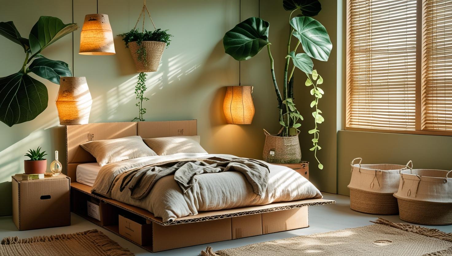 Decorated cardboard bed frame eco-friendly with artistic headboard design