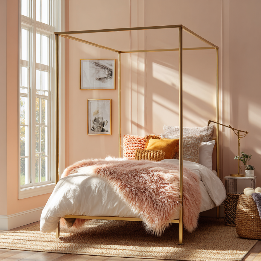elegance of a gold canopy bed in a styled bedroom