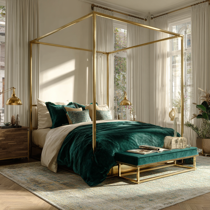coordinated decor around a gold canopy bed with jewel tones
