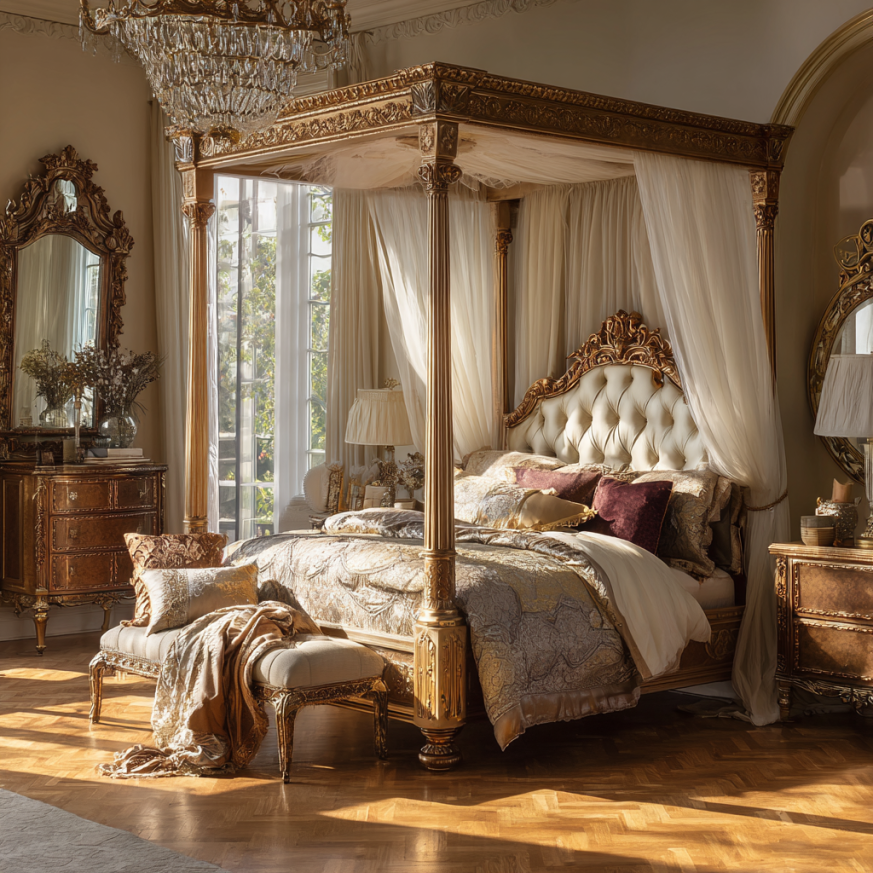 gold canopy bed statement piece in a bedroom