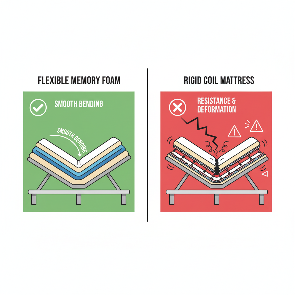 Foam mattress demonstrating adjustable bed mattress compatibility with smooth flexibility.