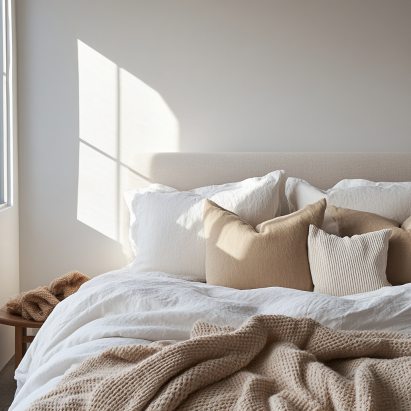 Minimalist bed featuring white cotton sheets, a beige duvet, and layered pillows, showcasing simple yet elegant bed aesthetics.