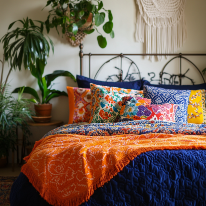Bohemian-style bed with vibrant patterns, a bold orange throw blanket, and navy blue duvet, exemplifying eclectic bed aesthetics.