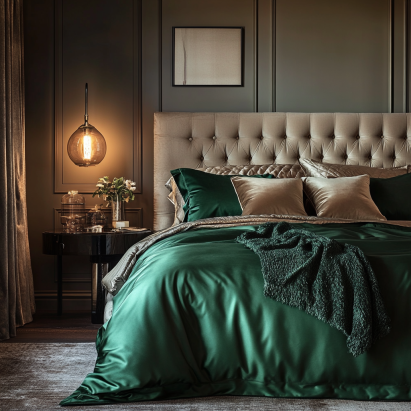 Luxurious bed with emerald green comforter, silk pillowcases, and a tufted headboard, highlighting sophisticated bed aesthetics.