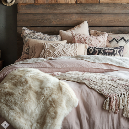 Cozy bed arrangement with pastel sheets, a faux fur blanket, and decorative pillows, emphasizing inviting bed aesthetics.