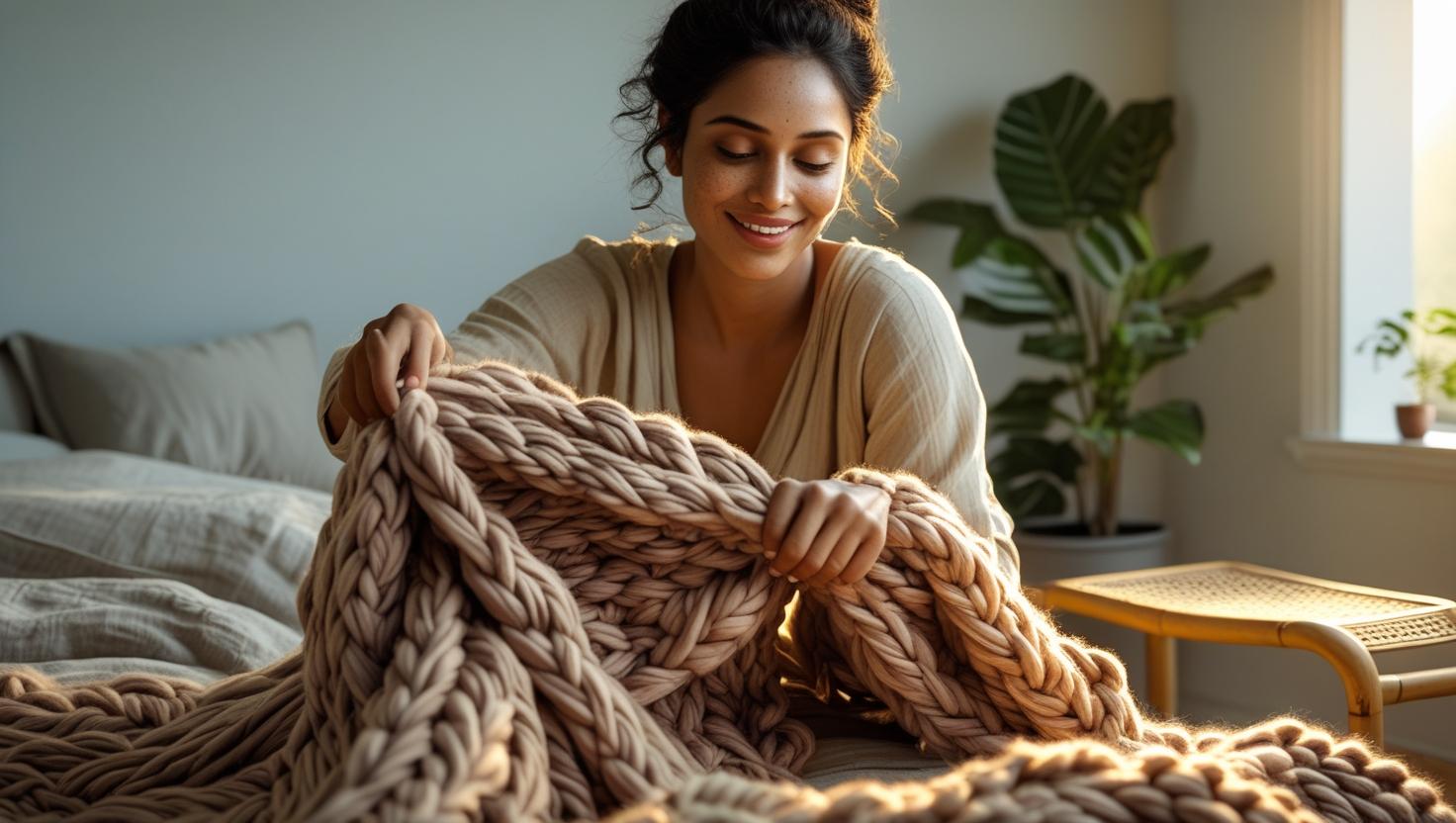 Stylish bedroom with layered bedding accessories and accent rug
