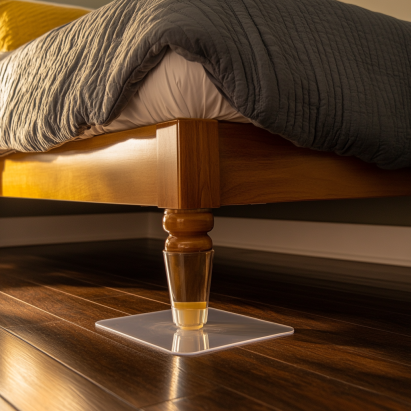 "Why Does My Bed Frame Squeak? A bed frame leg resting on a rubber pad to reduce noise."