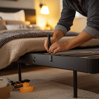 "Tightening bolts on a noisy bed frame to stop squeaking."