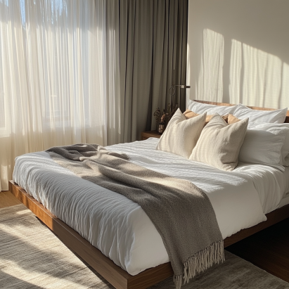 Replace your bed frame with a sleek modern platform design styled with white bedding and cozy gray accents in a sunlight-filled room.
