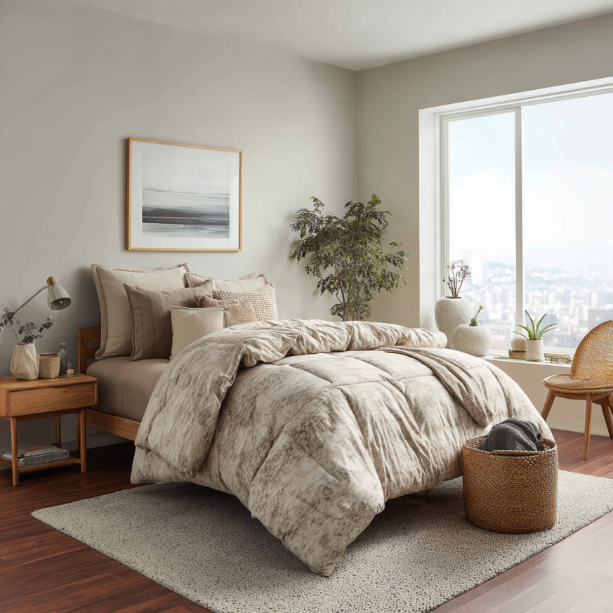 Bedroom styled with the perfect comforter in neutral tones