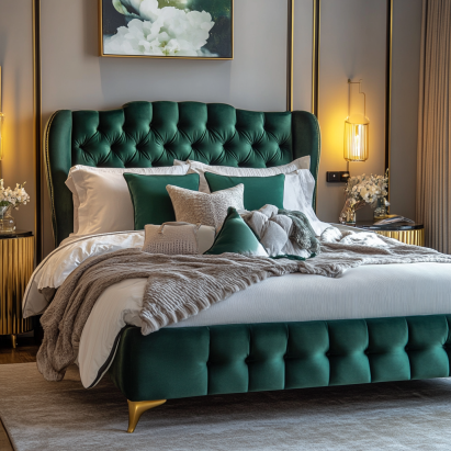Green velvet bed frame with gold side tables, featured in a guide to velvet bed frames