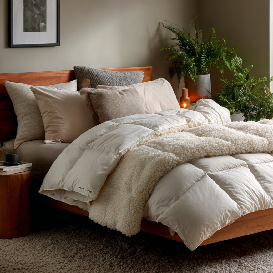 Close-up materials of a perfect comforter including down, wool, and microfiber