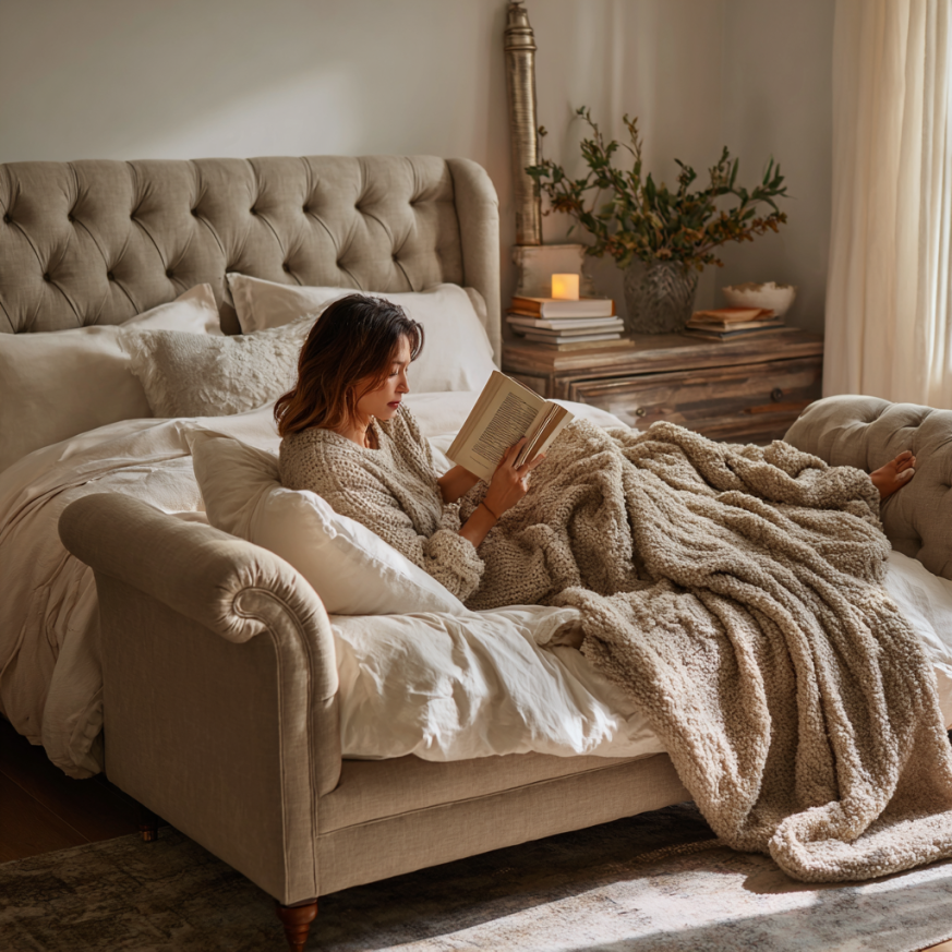 Person reading on a Dulane upholstered sleigh bed with tufted linen upholstery