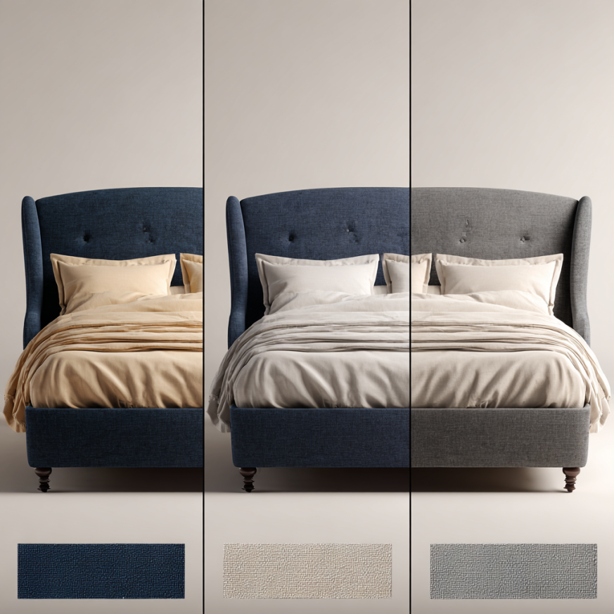 Dulane upholstered sleigh beds in navy, beige, and gray fabric swatches