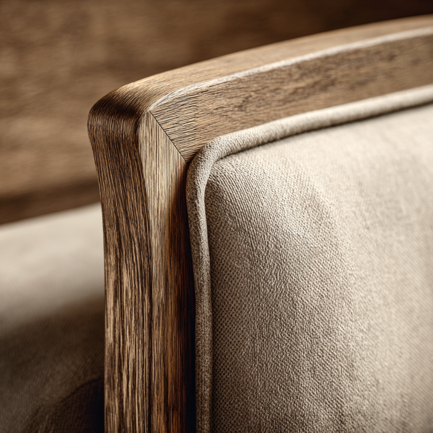 Close-up of sturdy wooden frame and upholstered corner of the Dulane sleigh bed