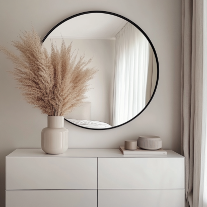 "Bedroom mirror placement featuring a round mirror above a white dresser in a minimalist bedroom."