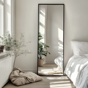 Full-length mirror with a black frame reflecting natural light in a small bedroom, enhancing the space with a minimalist design.