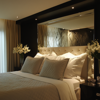 Luxurious bedroom mirror ideas showcasing a mirrored headboard paired with elegant decor