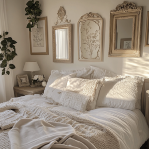 Gallery wall of mirrors in decorative frames reflecting light and adding depth to a cozy small bedroom setup.