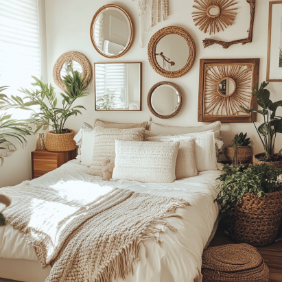 Bedroom mirrors gallery wall reflecting natural light in a boho-style bedroom.