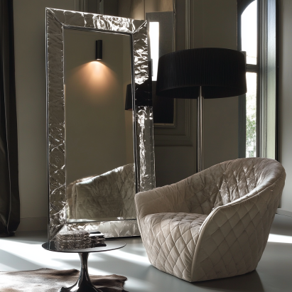 Luxurious bedroom mirror ideas featuring a leaning floor mirror to add depth and elegance.