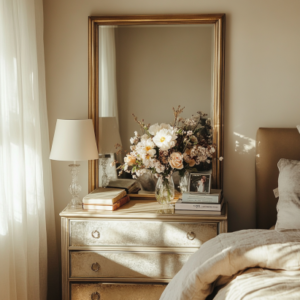  Mirrored dresser reflecting light in a small bedroom, styled with fresh flowers, books, and a lamp to create a spacious feel.