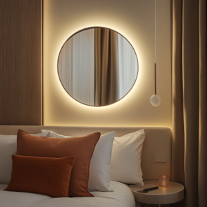 Circular mirror placed behind a wall-mounted sconce, reflecting warm light to brighten a compact small bedroom corner. Demonstrating practical mirror hacks for small bedrooms.