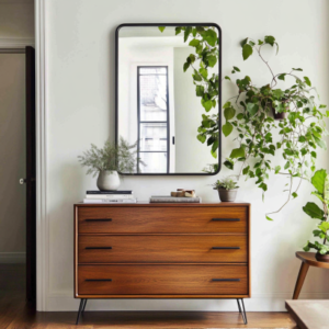 Frameless rectangular mirror wall art in a minimalist bedroom.