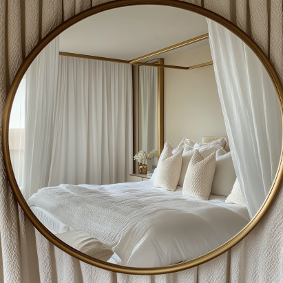 Rectangular Mirror Wall Art above a mid-century dresser with plants.