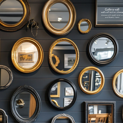 "Gallery wall of mirrors showcasing creative mirror placement with varied gold, silver, and black frames."