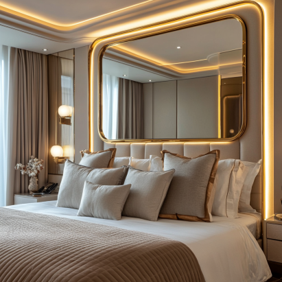 Luxurious bedroom mirror ideas featuring a gold-framed statement wall mirror above an elegant bed.