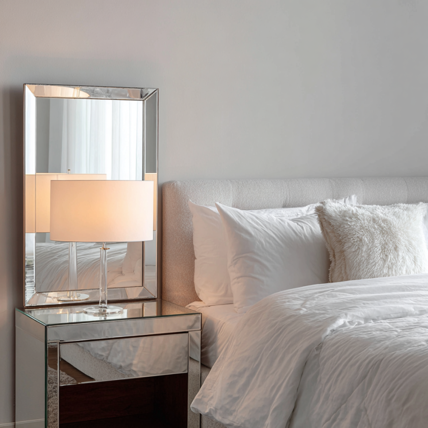 creative mirror placement with mirrored dresser and cozy bedroom style
