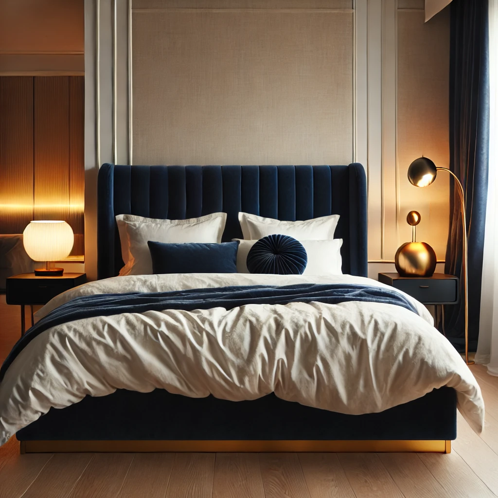Cozy modern velvet upholstered bed styled with navy fabric, gold lamps, and white bedding.