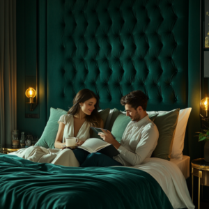 Modern emerald green tufted bed frame with velvet finish.