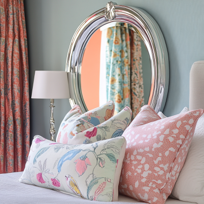 Oval vintage mirrors for bedroom with pastel accents.